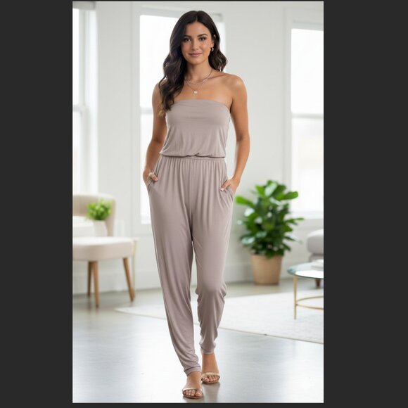 Elegant Strapless Jumpsuit in Taupe - Picture 1 of 3